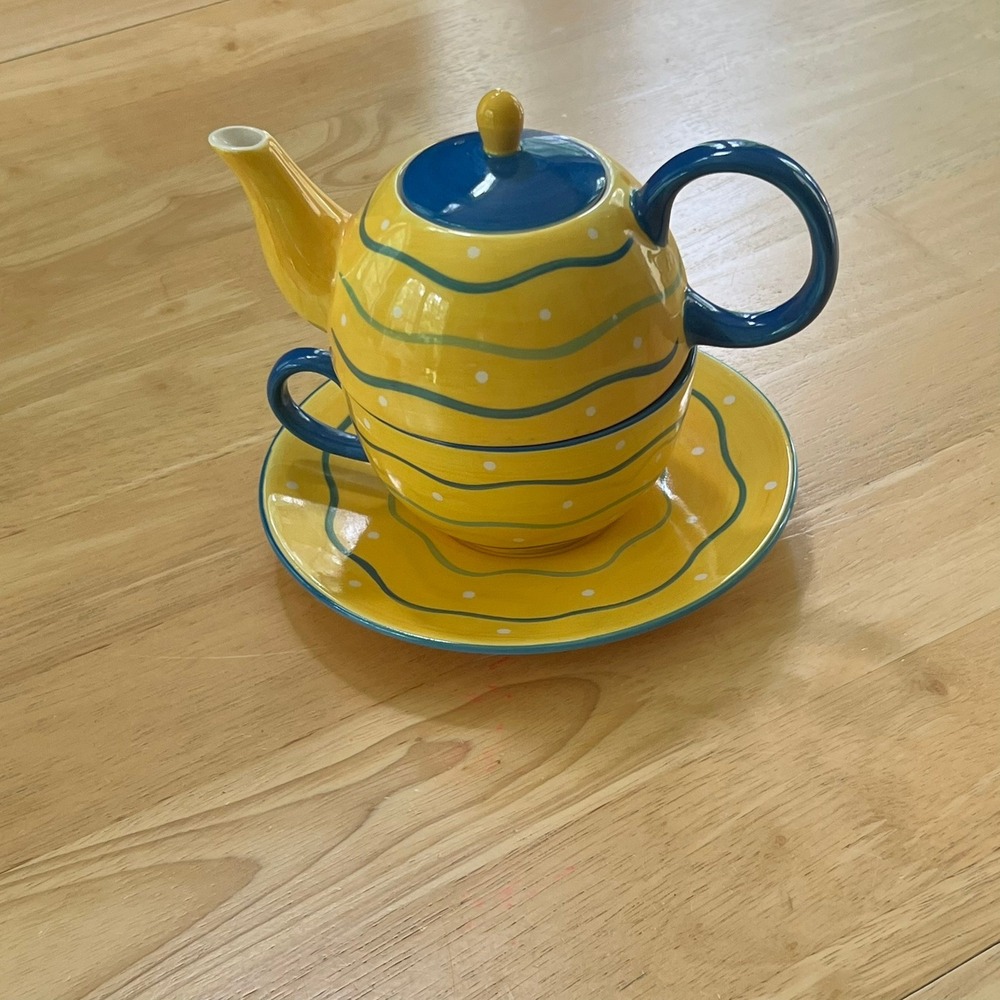 Trish Richman At Home International Tea For One Set Vintage 1990s Yellow Blue